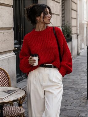 NWT Simplee Red Chunky Knit Oversized Sweater One Size Balloon Sleeve